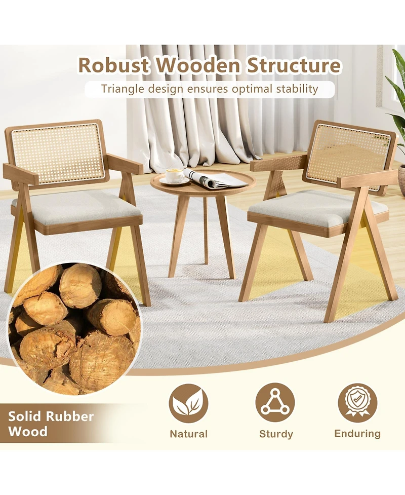 Slickblue Rattan Accent Chairs Set of 2 with Padded Seat and Solid Rubber Wood Frame