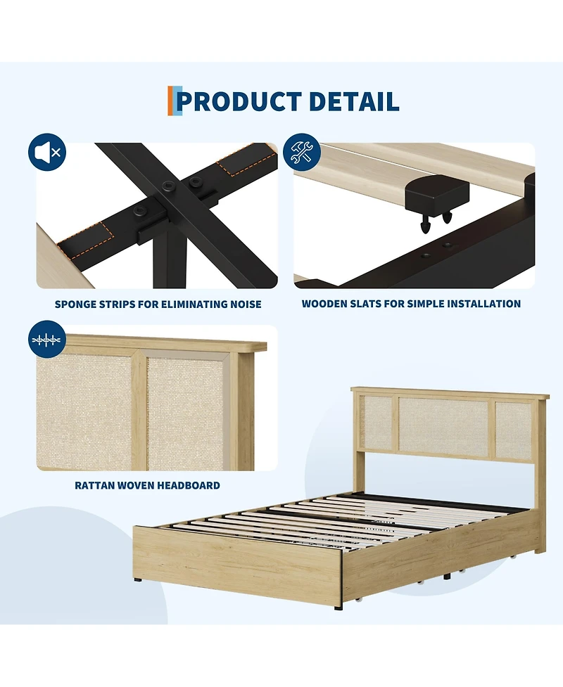 homfan Rattan Bed with Headboard, Bed Frame with Led Lights and 4 Storage Drawers, Wood Foundation with Silent Slats