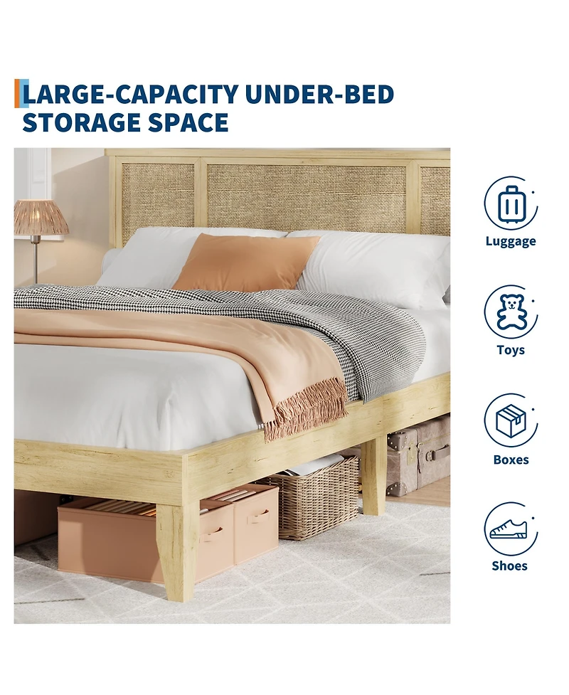 homfan Rattan Bed with Headboard, Bed Frame with Led Lights and 4 Storage Drawers, Wood Foundation with Silent Slats, No Box Spring Needed