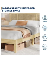 homfan Rattan Bed with Headboard, Bed Frame with Led Lights and 4 Storage Drawers, Wood Foundation with Silent Slats, No Box Spring Needed
