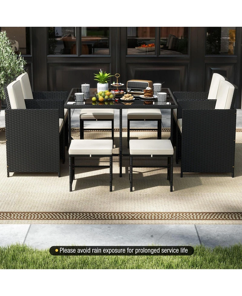 Sugift Patio Dining Set with Tempered Glass Table and Ottoman