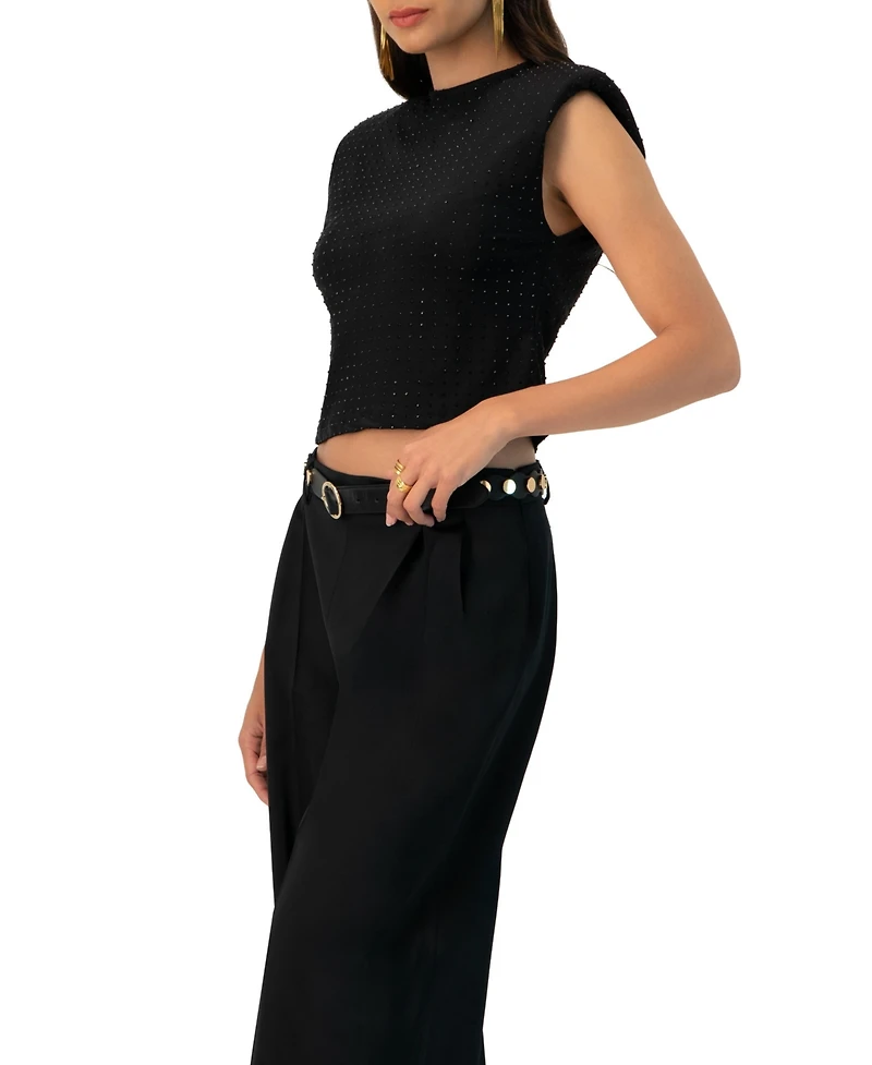 Ivonne Women's Padded-Shoulder Cropped Rhinestone Top