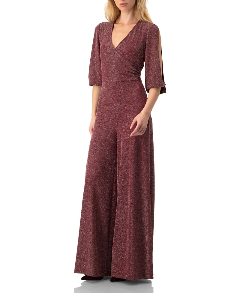 Ivonne Women's Shimmering V-Neck Jumpsuit with 3/4 Sleeves