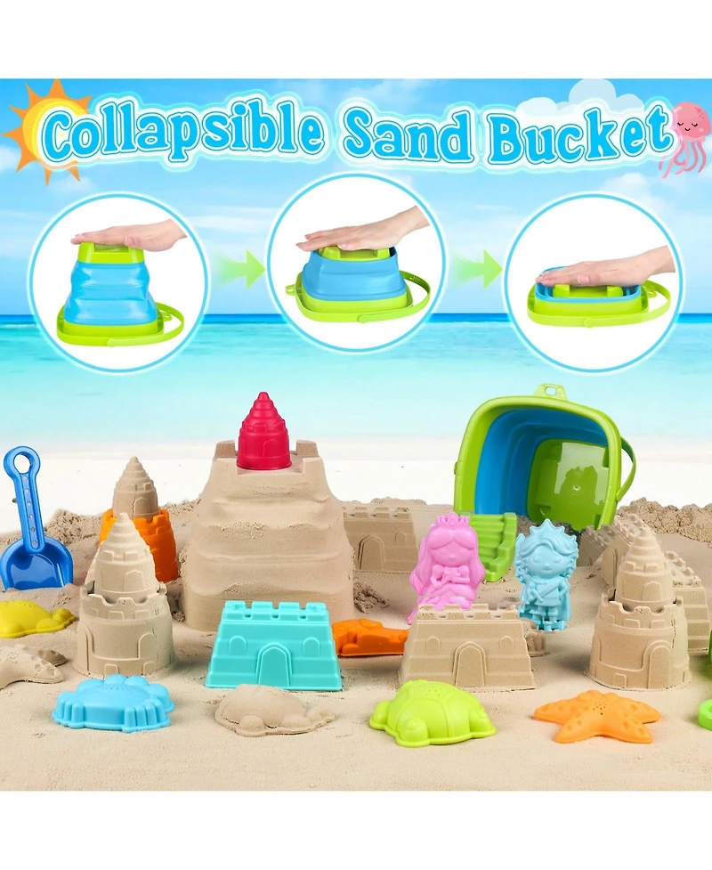Gnuadz 16-piece Collapsible Beach Toys Foldable Sand Bucket Shovels Mesh Bag Castle Kit