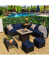 Sugift Outdoor Pe Rattan Wicker Sectional Sofa with Gas Fire Pit Table
