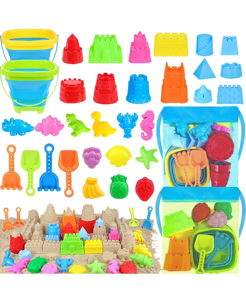 Gnuadz 32-piece Collapsible Beach Toys Sand Castle Kit Bucket Shovel Mesh Bag Kids 3-12