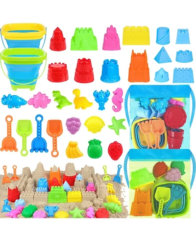 Gnuadz 32-piece Collapsible Beach Toys Sand Castle Kit Bucket Shovel Mesh Bag Kids 3-12