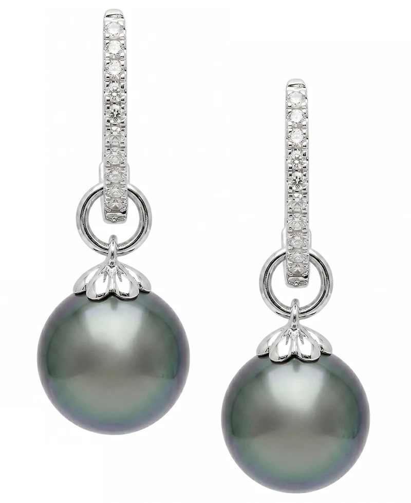 Macy's Cultured Tahitian Pearl (9mm) & Diamond (1/10 ct. t.w.) Drop Earrings in 925 Sterling Silver