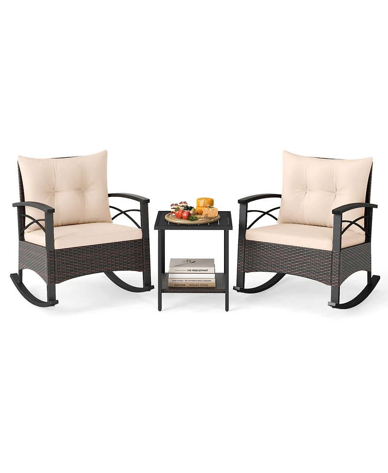 Sugift 3 Piece Rocking Bistro Set Pe Rattan Rocker Chairs with Acacia Wood Top Table