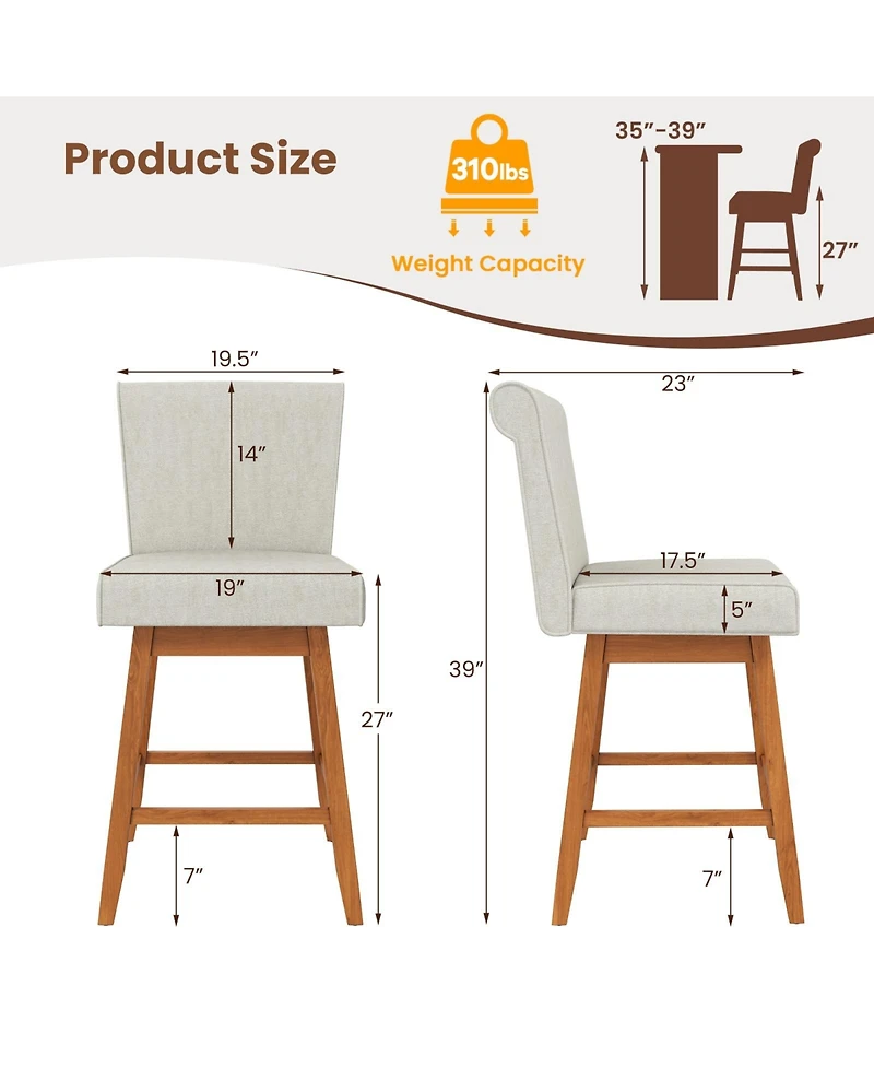 Slickblue 2 Piece 27 Inch Counter Height Bar Chairs Rubber Wood Legs