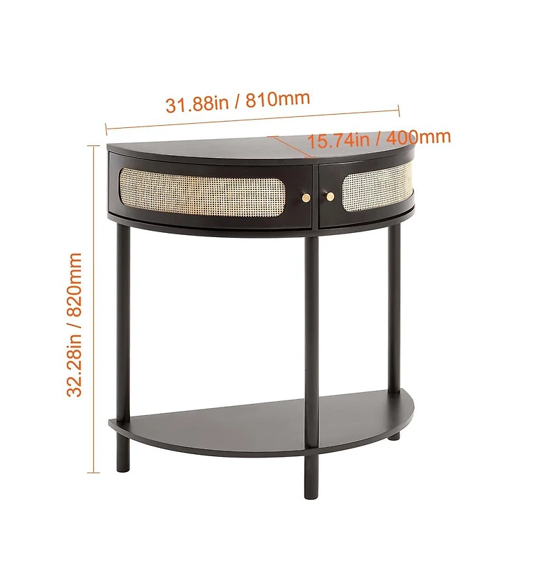 Sugift Half-Moon Rattan Console Table with Two Drawers and Sliding Door Storage Cabinet