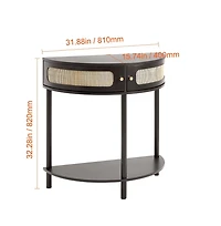 Sugift Half-Moon Rattan Console Table with Two Drawers and Sliding Door Storage Cabinet