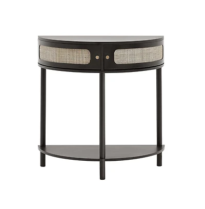 Sugift Half-Moon Rattan Console Table with Two Drawers and Sliding Door Storage Cabinet