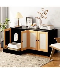 Aostirmotor Double Cat Litter Box Enclosure with Rattan Doors - Hidden Furniture for 2 Cats.