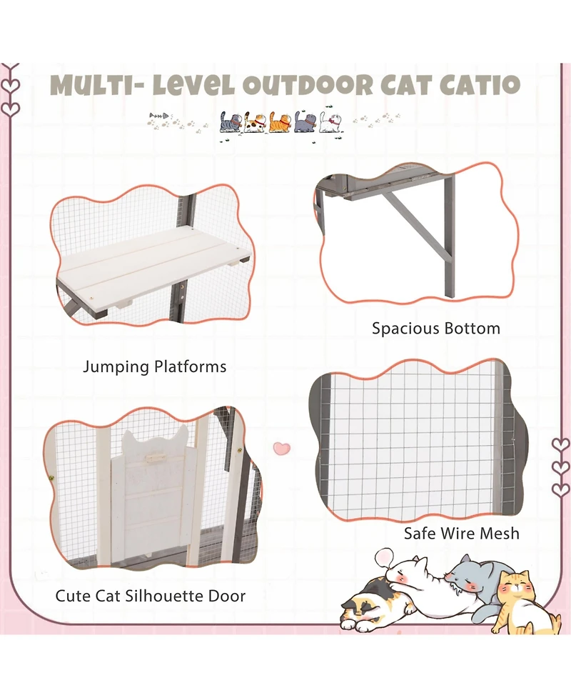 Aostirmotor Outdoor Catio Window Cat Enclosure, Grey and White Cat Climbing Patio with Platforms, Secure Outdoor Cat House for 1-3 Cats