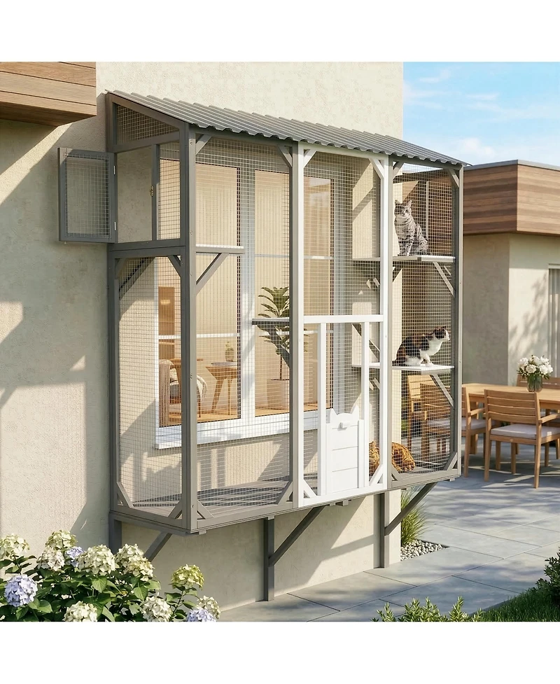 Aostirmotor Outdoor Catio Window Cat Enclosure, Grey and White Cat Climbing Patio with Platforms, Secure Outdoor Cat House for 1-3 Cats