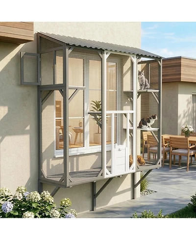 Aostirmotor Outdoor Catio Window Cat Enclosure, Grey and White Cat Climbing Patio with Platforms, Secure Outdoor Cat House for 1-3 Cats