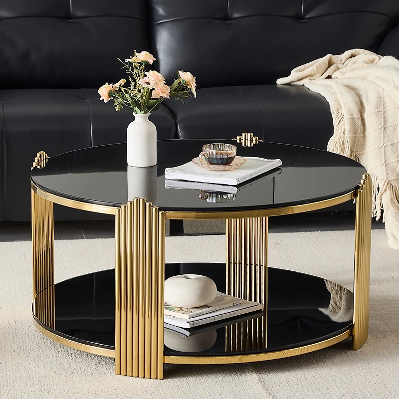 Streamdale Furniture 35" Modern Coffee Table, Glass & Gold Stainless Steel Living Room Table