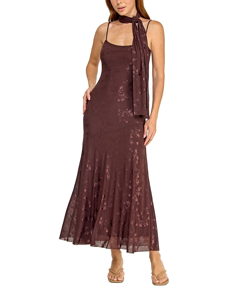 Trixxi Juniors' Jacquard Mesh Midi Dress with Scarf