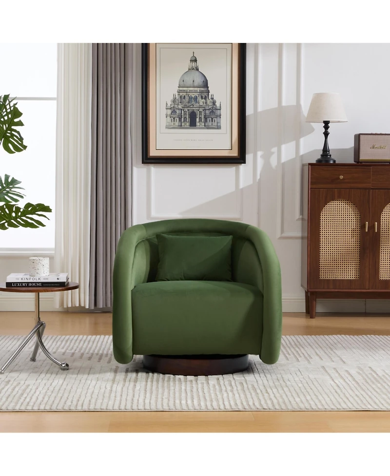 Boyel Living Swivel Accent Chair 360 Degree Velvet Barrel Pumpkin Shaped Brown Rubberwood Base
