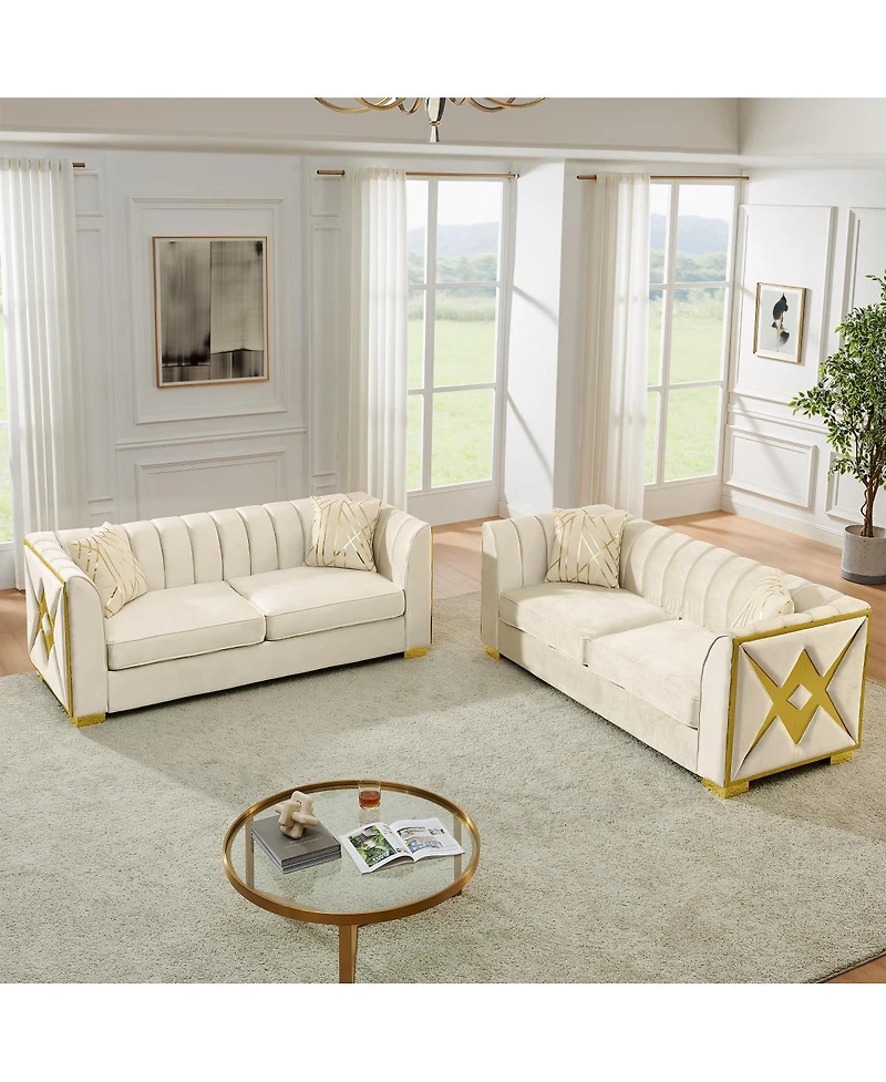 Streamdale Furniture Luxurious Velvet Sofa with Geometric Gold Hardware and Metal Feet