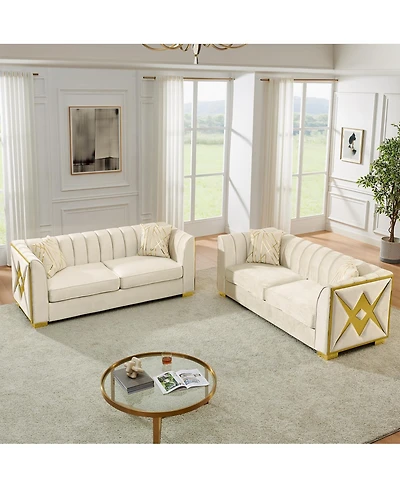 Streamdale Furniture Luxurious Velvet Sofa with Geometric Gold Hardware and Metal Feet