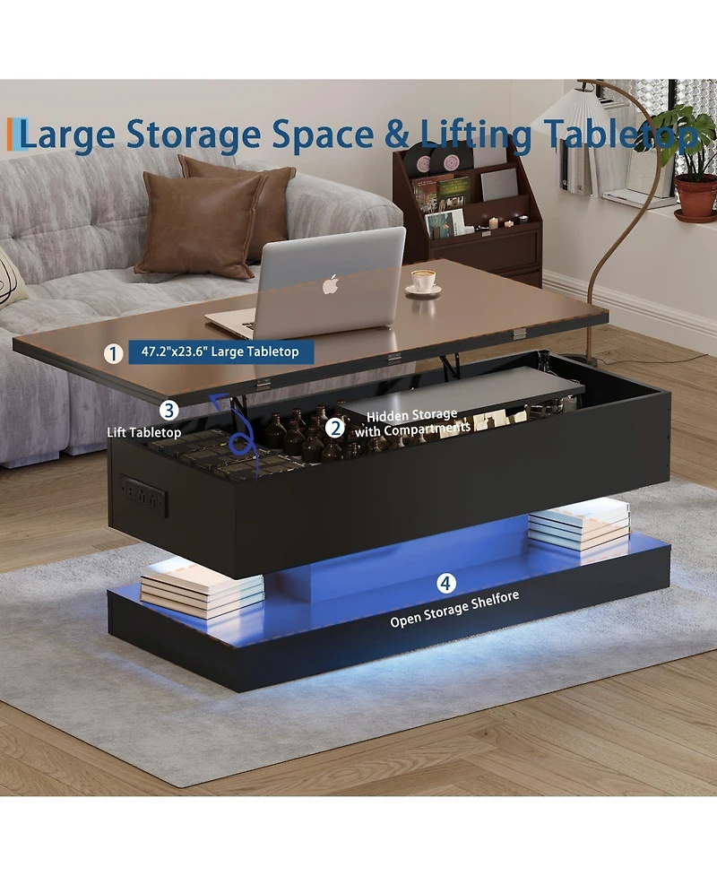 homfan 47.2 Inch Large Lift Top Coffee Table Modern High Glossy Led Storage with App Control for Living Room Dining Home Office
