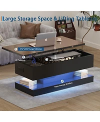 homfan 47.2 Inch Large Lift Top Coffee Table Modern High Glossy Led Storage with App Control for Living Room Dining Home Office