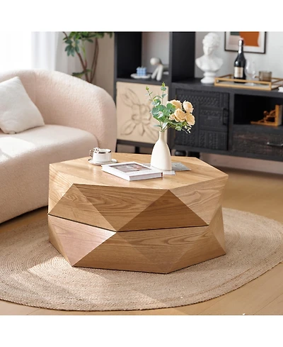 Clihome 36.61'' Retro Style Polygon Flip Top Coffee Table,Solid Wood Veneered Drum Coffee Table with Storage for Living Room, Bedroom and Office