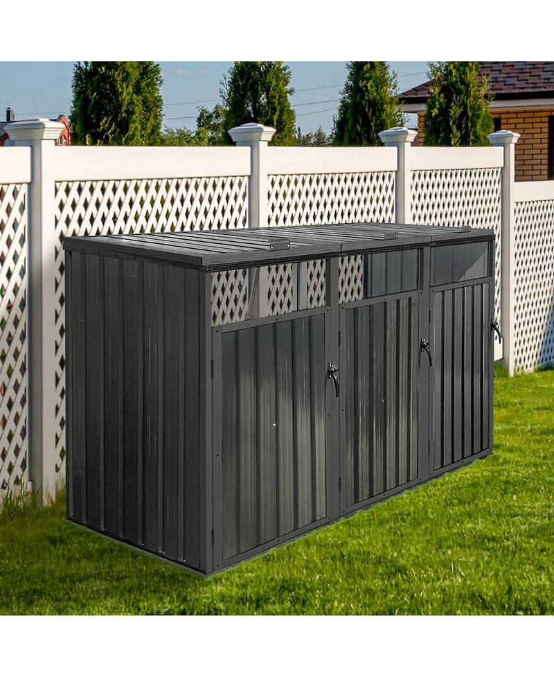 Mondawe Outdoor Metal Garbage Bin Shed For 3 Trash Cans, Lockable Storage Shed With Lift Lid