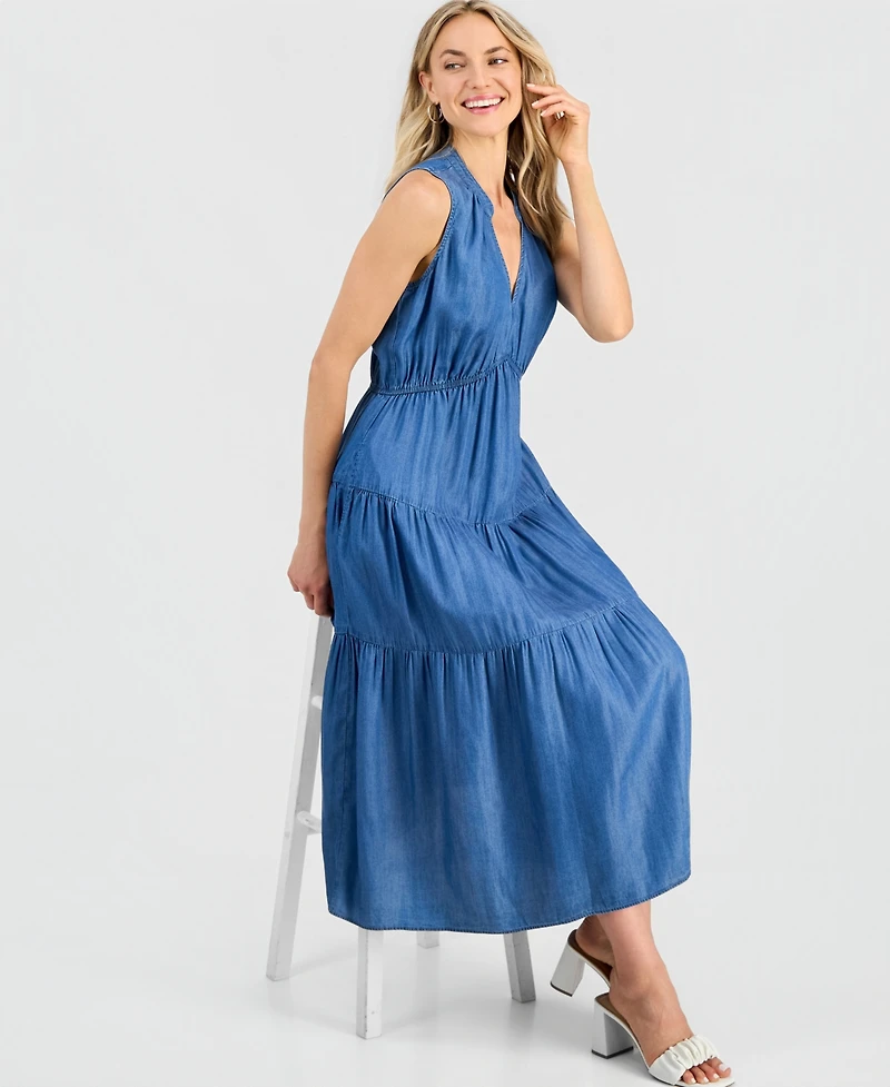 Robbie Bee Women's V-Neck Sleeveless Tiered Midi Dress
