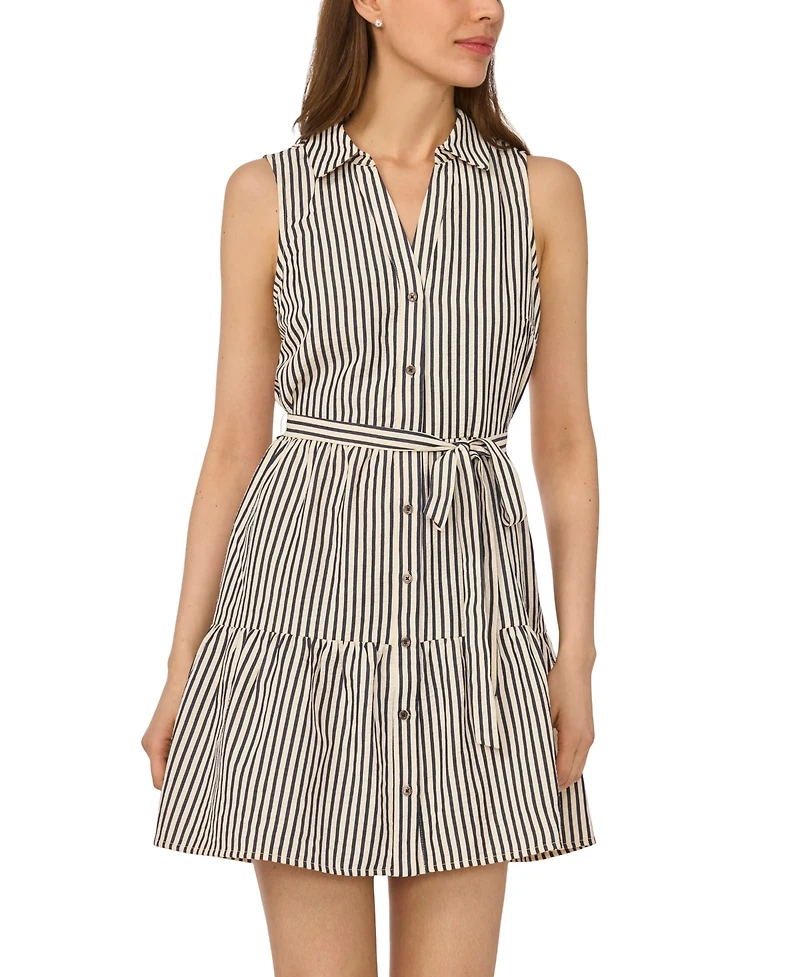 CeCe Women's Collared Button Down Tiered Tie-Waist Mini Dress
