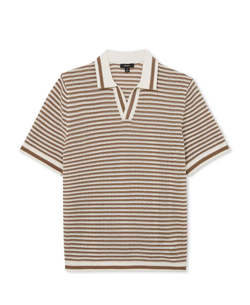 Reiss Men's Carl Ford Textured Stripe Linen Blend Open Neck Polo Shirt