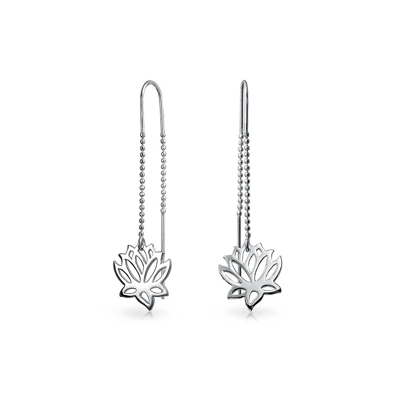 Bling Jewelry Spiritual Zen Lotus Flower Earrings .925 Sterling Silver Long Chain Threader Stabilizing U Hook