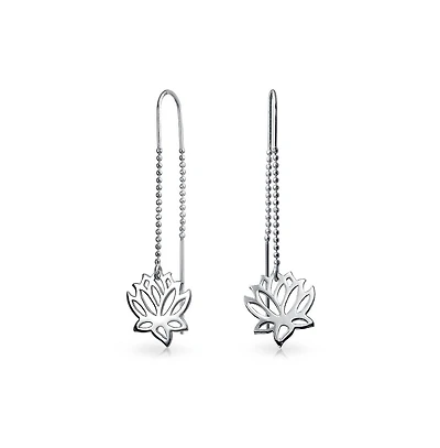 Bling Jewelry Spiritual Zen Lotus Flower Earrings .925 Sterling Silver Long Chain Threader Stabilizing U Hook
