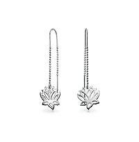 Bling Jewelry Spiritual Zen Lotus Flower Earrings .925 Sterling Silver Long Chain Threader Stabilizing U Hook