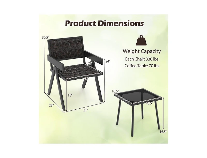 Lucky One 3 Piece Patio Wicker Bistro Set with Quick Dry Foam Cushions Glass Table