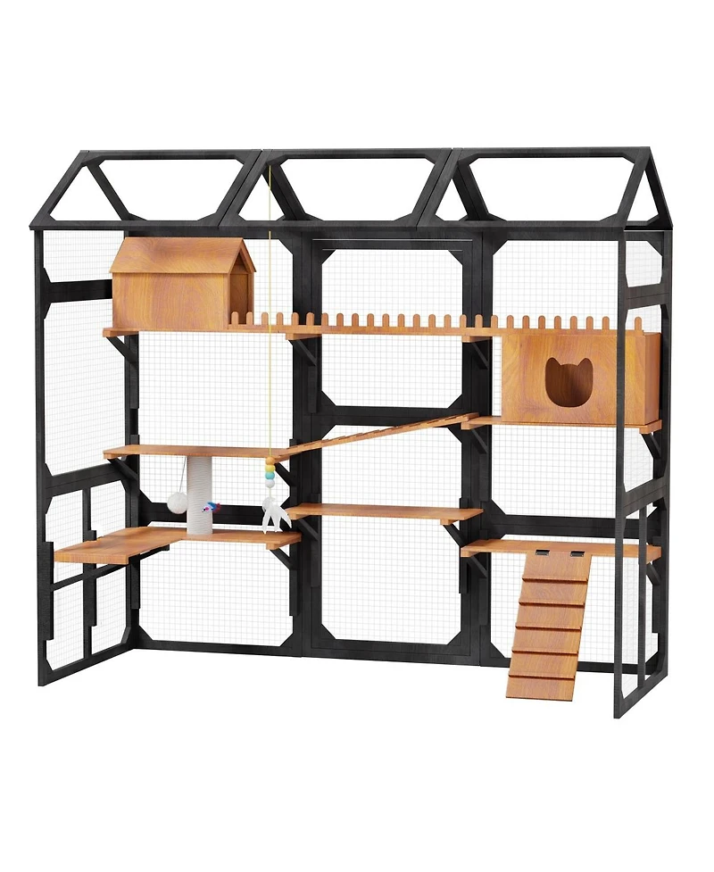 6thdruple Outdoor Cat Enclosure, Multi-Level Wood Catio with Plant Stands, Roof for Backyard Patio