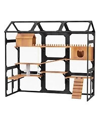 6thdruple Outdoor Cat Enclosure, Multi-Level Wood Catio with Plant Stands, Roof for Backyard Patio