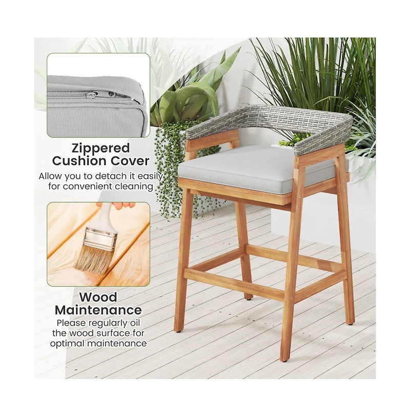Boyel Living Set of 2 Patio Acacia Wood Counter Height Bar Stools with Cushions and Pe Wicker Backrests Footrests
