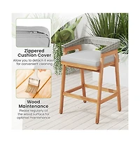 Boyel Living Set of 2 Patio Acacia Wood Counter Height Bar Stools with Cushions and Pe Wicker Backrests Footrests