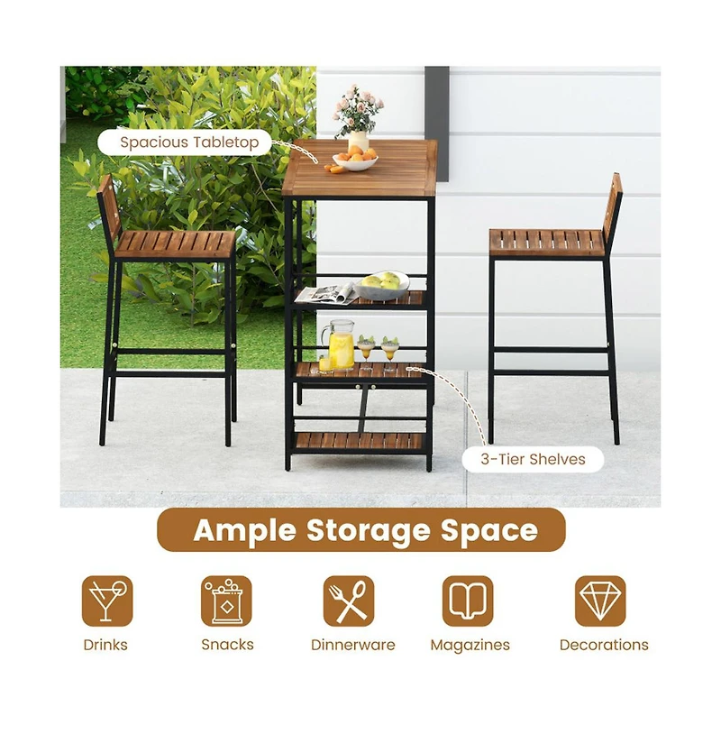 Boyel Living 3 Pieces Outdoor Wood Bar Set with 3-Tier Storage Shelf and Metal Frame