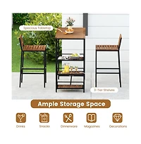 Boyel Living 3 Pieces Outdoor Wood Bar Set with 3-Tier Storage Shelf and Metal Frame