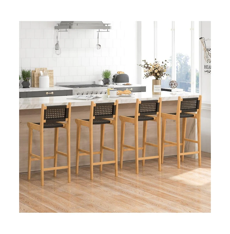 Boyel Living 30 Inch Rattan Teak Wood Bar Stool with Backrest and Footrest