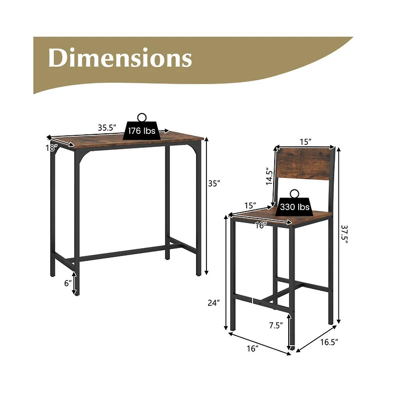 Boyel Living 3 Piece Bar Table Set with Backrest and Footrest for Small Space