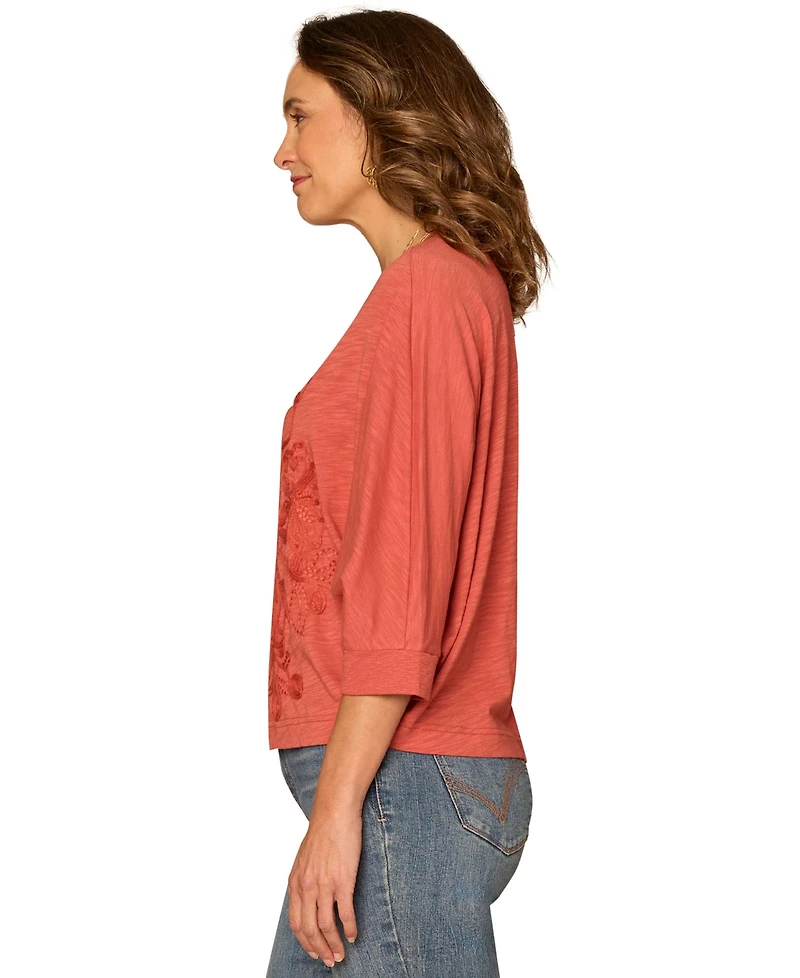 Democracy Petite Scoop Neck Embroidered Knit Top