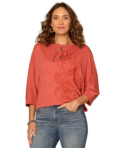 Democracy Petite Scoop Neck Embroidered Knit Top