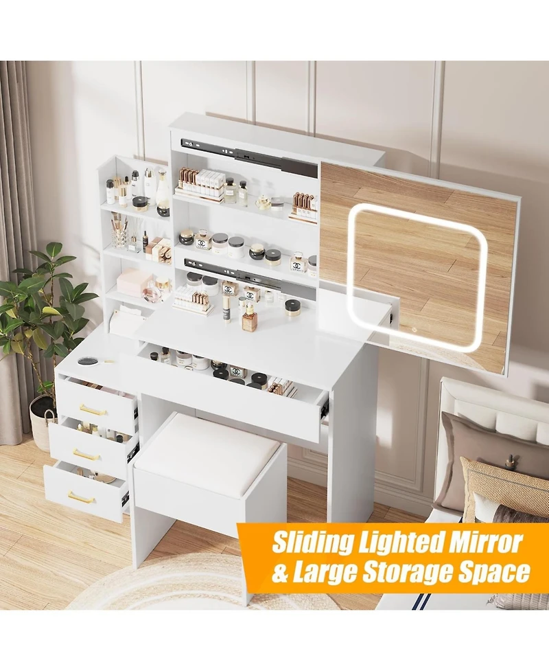 gaomon Vanity Desk with Sliding Led Mirror, Power Outlet, 4 Drawers