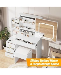 gaomon Vanity Desk with Sliding Led Mirror, Power Outlet, 4 Drawers