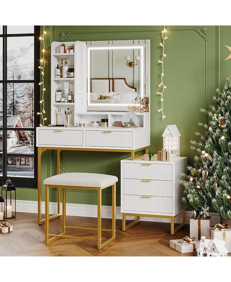 gaomon Makeup Vanity Desk with Led Mirror, 5 Drawers, Removable Cabinet & Cushioned Stool
